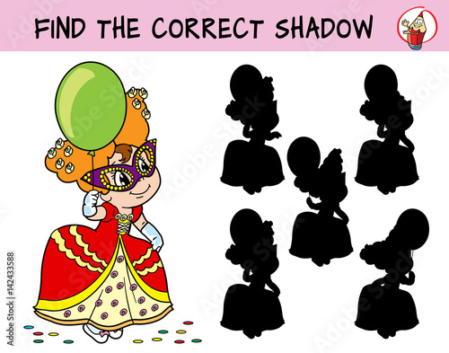 Cute little girl in fancy dress, with balloon at the masquerade. Find the correct shadow. Educational game for children. Cartoon vector illustration.