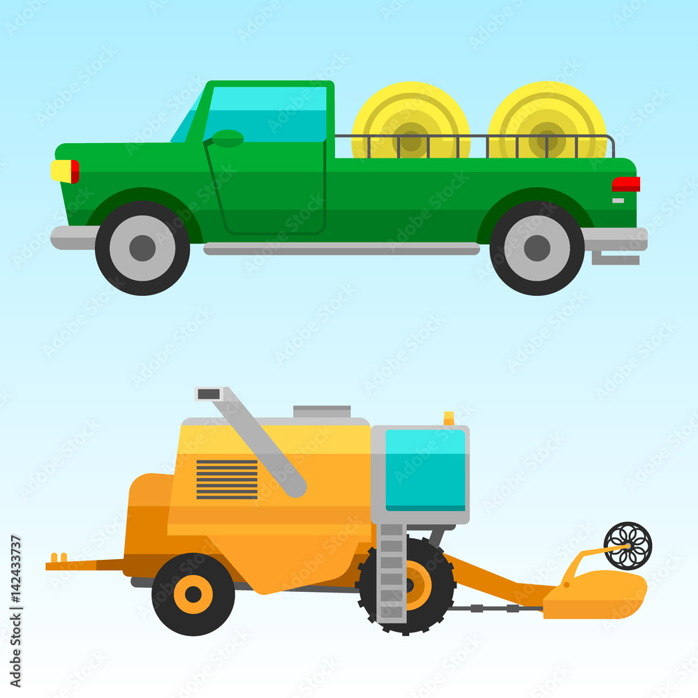 Agricultural vehicles and harvester machine combines and excavators icon set with accessories for plowing mowing, planting and harvesting vector illustration. Agricultural vehicles and harvester machine combines and excavators icon set with accessories for plowing mowing, planting and harvesting vector illustration.