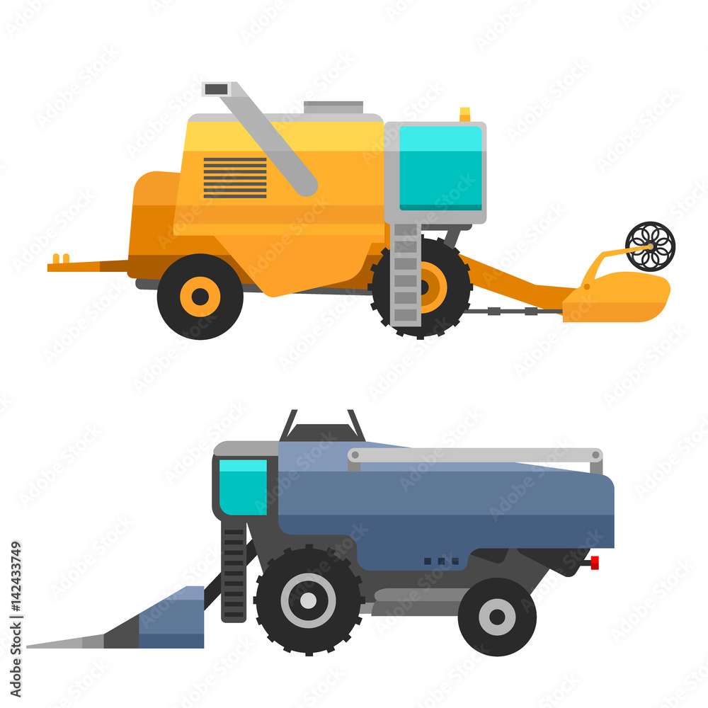 Naklejka premium Agricultural vehicles and harvester machine combines and excavators icon set with accessories for plowing mowing, planting and harvesting vector illustration.