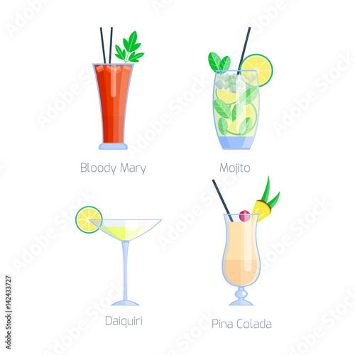 Set of alcoholic cocktails isolated fruit cold drinks tropical cosmopolitan freshness collection and party alcohol sweet tequila vector illustration.