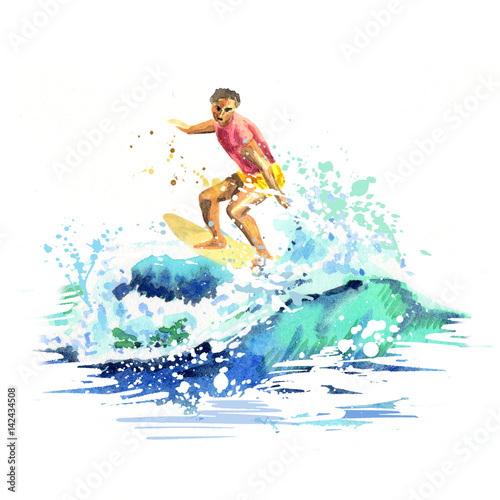 Hand drawn watercolor young surfer on a board catching a wave
