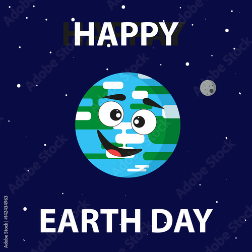 Fototapeta Naklejka Na Ścianę i Meble -  Cute, cartoon planet Earth with the moon in space with stars and the inscription Earth Day on blue background in the form of holiday card