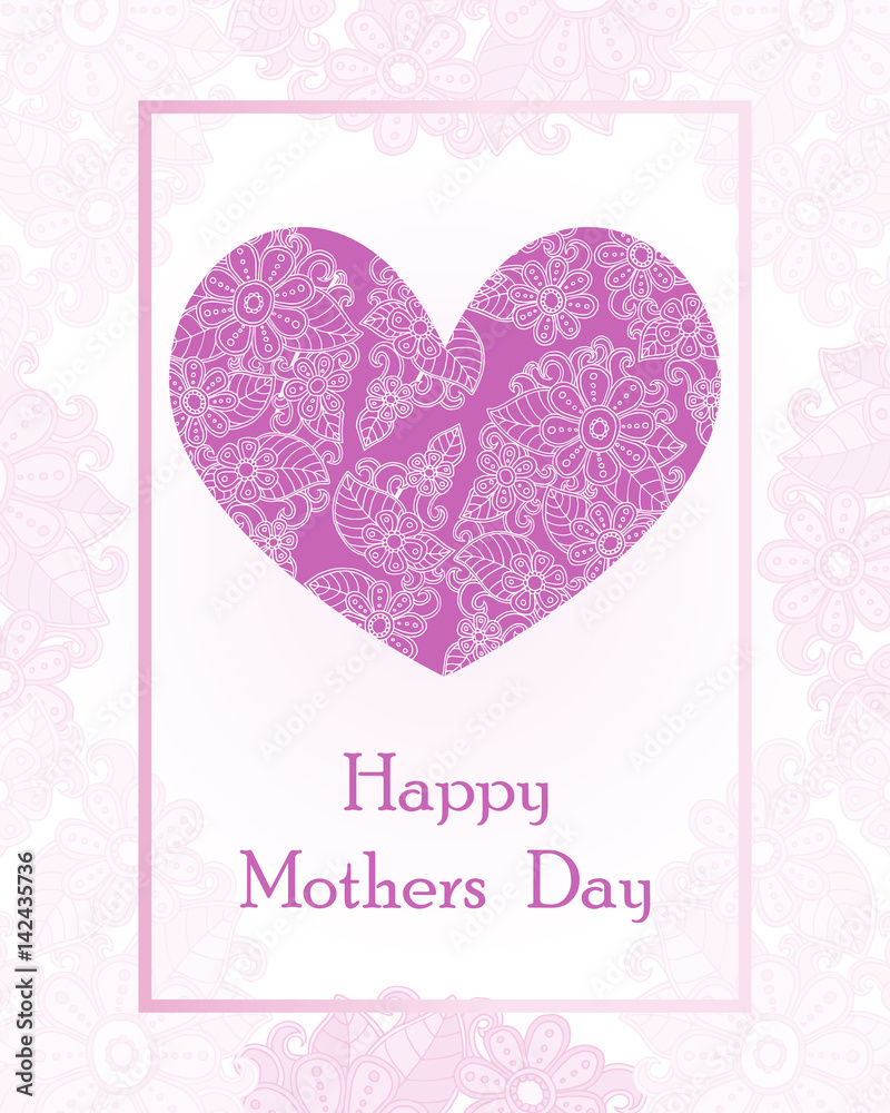 Happy Mother's Day. Postcard vector template with big pink heart. Design greeting with abstract flower. Happy Mother's Day. Postcard vector template with big pink heart. Design greeting with abstract flower.