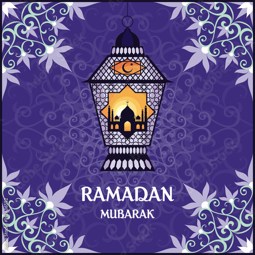 Ramadan greeting card with the image of the beautiful  lantern, mosque and east ornament in Moorish style. Vector template