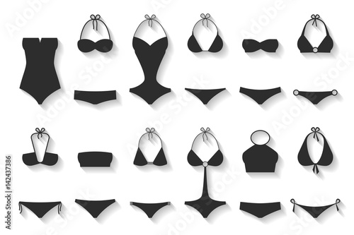 Vector illustration of women's swimsuit black and white design set. Fashion bikini collection. Female stylish swimwear silhouettes isolated. Flat beach clothing underwear.