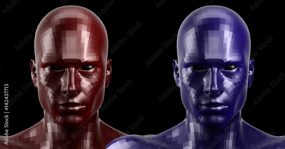 3d rendering. Two faceted red and blue android heads looking front on camera 3d rendering. Two faceted red and blue android heads looking front on camera
