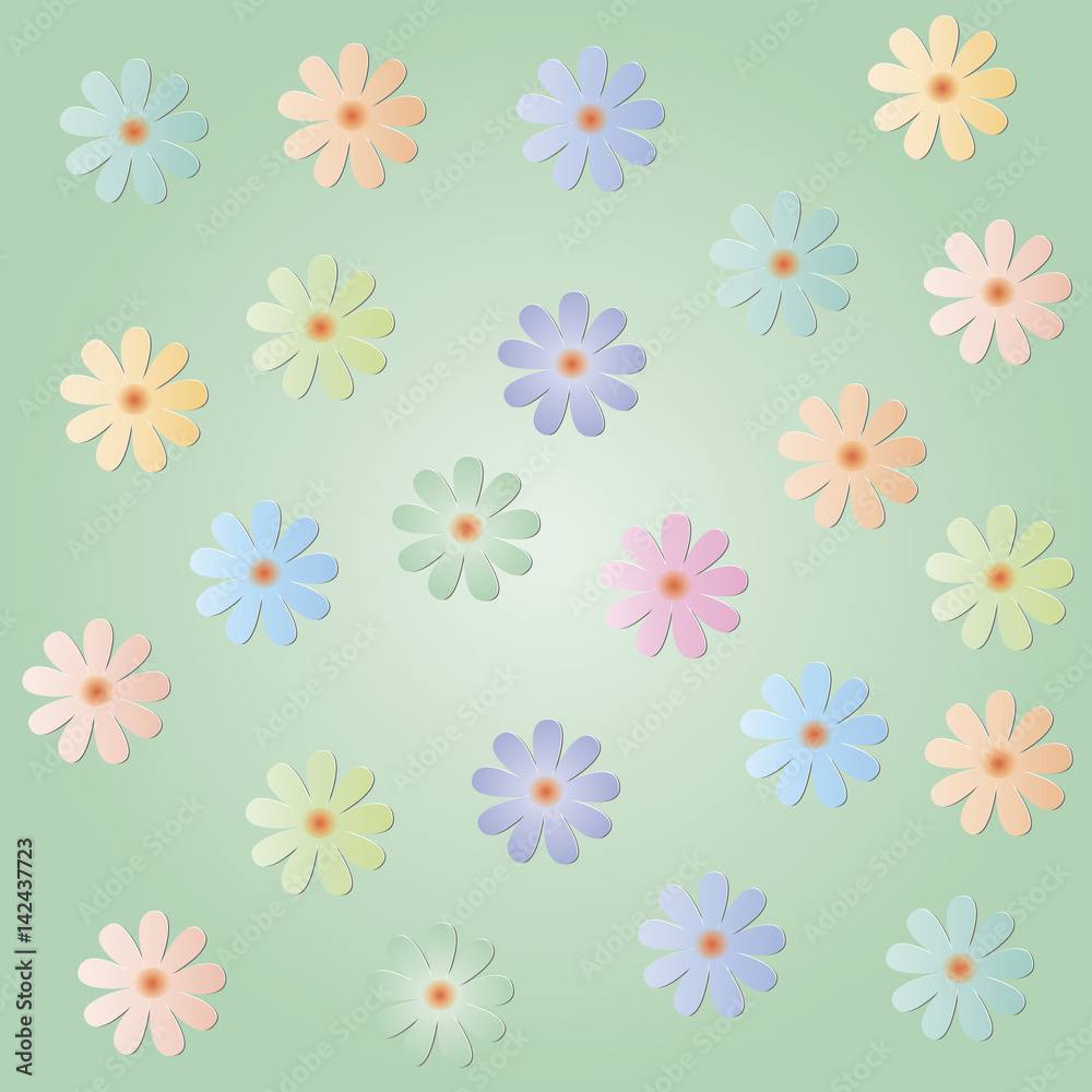 Multicolored flowers on a light green background.
