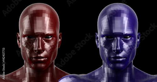 3d rendering. Two faceted red and blue android heads looking front on camera