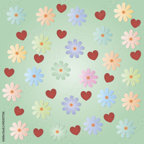 Various flowers with hearts on a light green background. Background for a congratulatory message