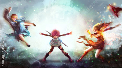 Cartoon illustration of a warrior girl blasting magic power attack to women witch and sorcerer in Japanese manga fantasy concept. 