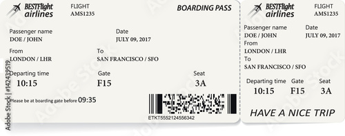 Airline boarding pass ticket in black and white colors. Vector illustration.