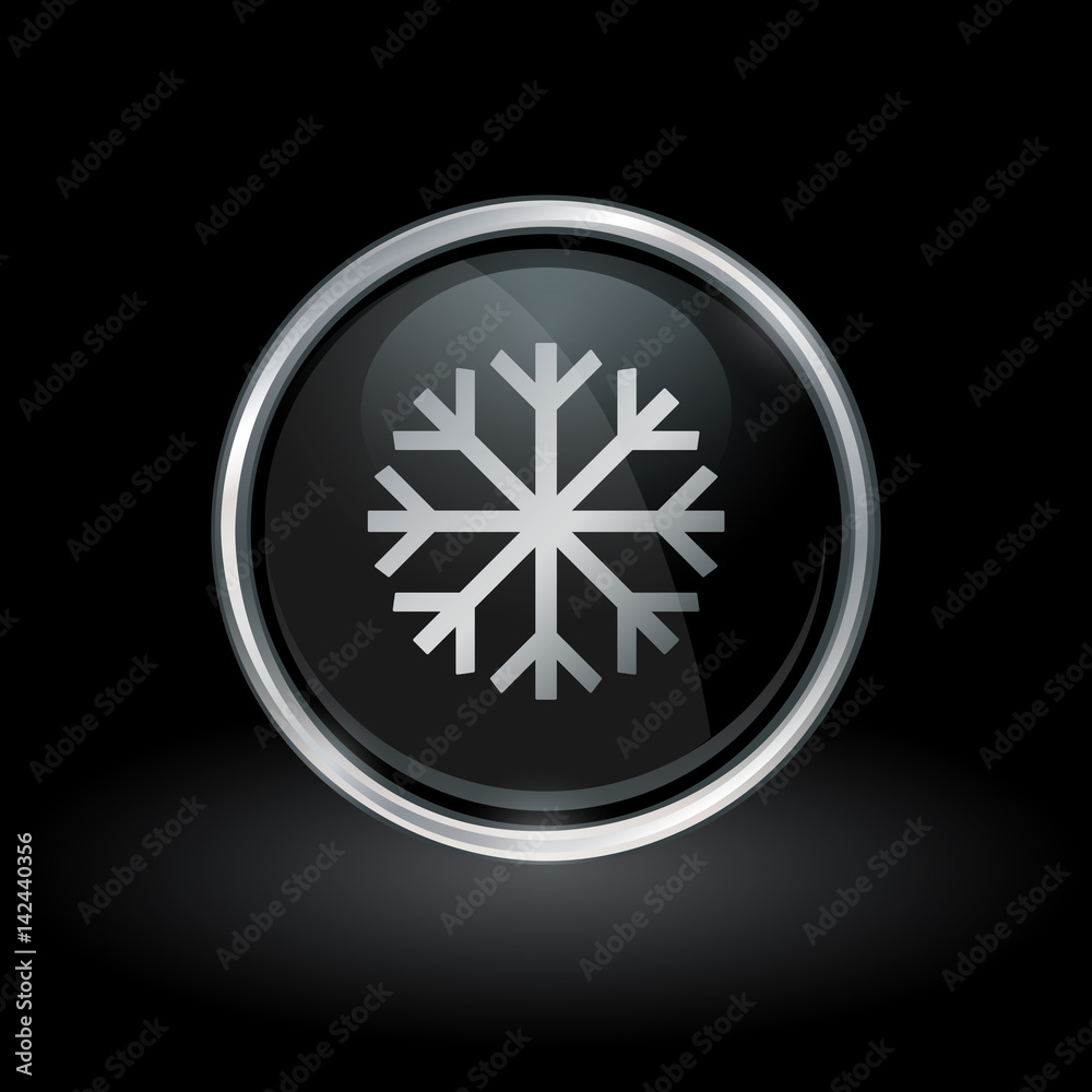 Winter snowfall season symbol with snowflake icon inside round chrome silver and black button emblem on black background. Vector illustration. Winter snowfall season symbol with snowflake icon inside round chrome silver and black button emblem on black background. Vector illustration.