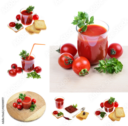 Homemade tomato chutney in a bowl of tomato juice in a glass isolated on white background