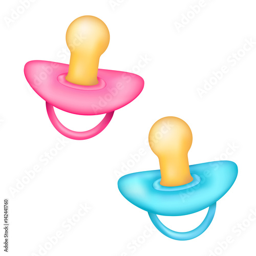 Realistic blue and pink baby pacifiers on the white background. Vector
