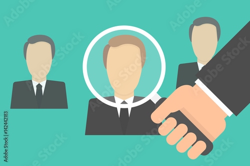 Searching for the best candidate with a magnifying glass. Hiring for a job concept 