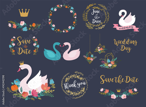 Wedding and birthday set with swan illustrations, lettering, flowers and elements