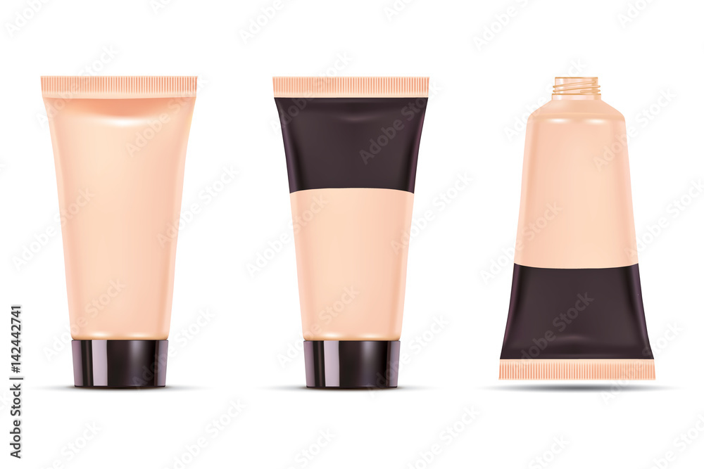 Cosmetic plastic tube. Foundation cream container isolated on white background. Beauty make up product package, vector illustration. Cosmetic plastic tube. Foundation cream container isolated on white background. Beauty make up product package, vector illustration.