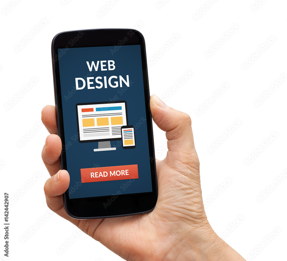 Hand holding smart phone with web design concept on screen. Isolated on white background. All screen content is designed by me. Hand holding smart phone with web design concept on screen. Isolated on white background. All screen content is designed by me.