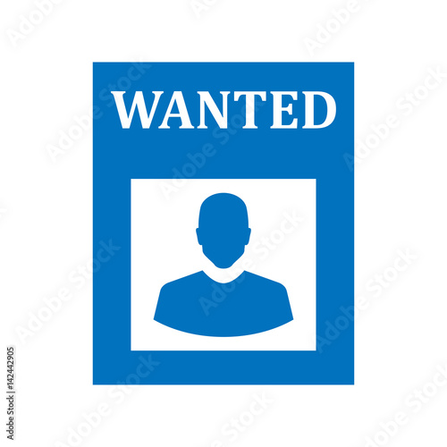 Icono plano cartel WANTED azul en fondo blanco