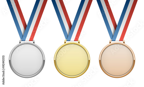 Gold, silver, bronze award medals with ribbons