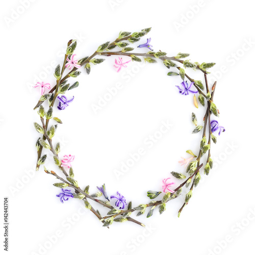 Pussy-willow branches with flowers hyacinth circle frame. Decorative wreath on white background perfect for easter card or invitation.