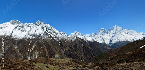 Panoramic view of the Himalayan mountains on the way to Gokyo lakes, Nepal. Trek to Everest basecamp.
