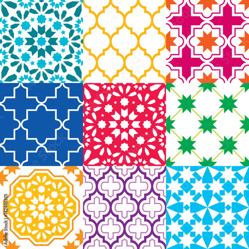 
Moroccan tiles design, seamless geometric pattern collections in blue, green, red, orange, navy blue
 