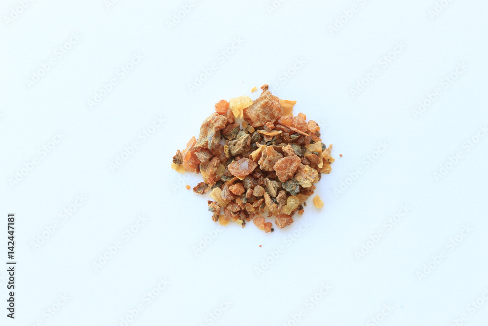 Natural aromatic incense Myrrhe resin isolated on a white background Natural aromatic incense Myrrhe resin isolated on a white background