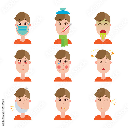 Season and other disease avatars. Man face made in flat style