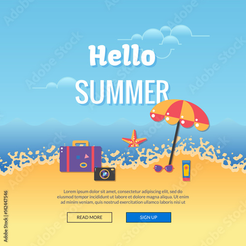 Summer party illustration poster. Colorful sea vacation concept. Vector flat design for flyers, banners, brochure, poster or web
