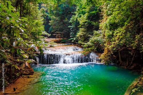 Beautiful waterfall. Erawan National Park in Kanchanaburi, Thailand