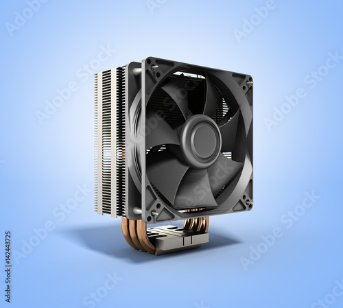 Active CPU cooler with the aluminum finned heat-sink and the fan 3d render on blue