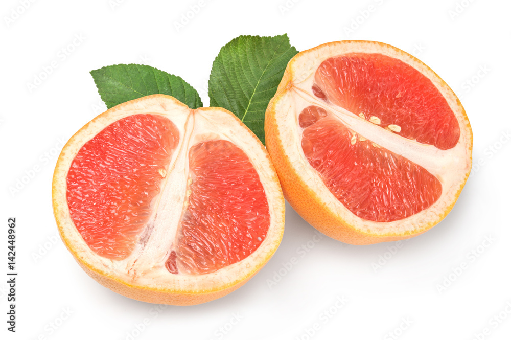 Two halves of ripe grapefruit isolated on white background cutout Two halves of ripe grapefruit isolated on white background cutout