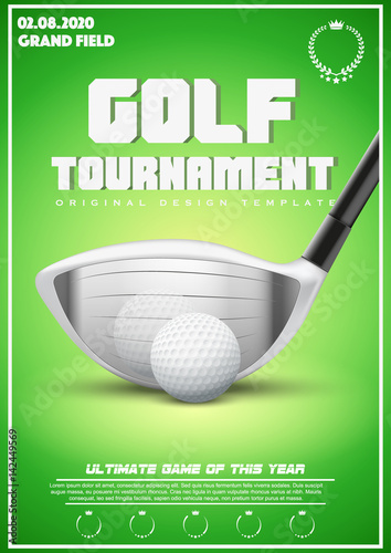 Poster Template with Golf Tournament. Cup and Trophy Advertising. Sport Event Announcement. Vector Illustration.