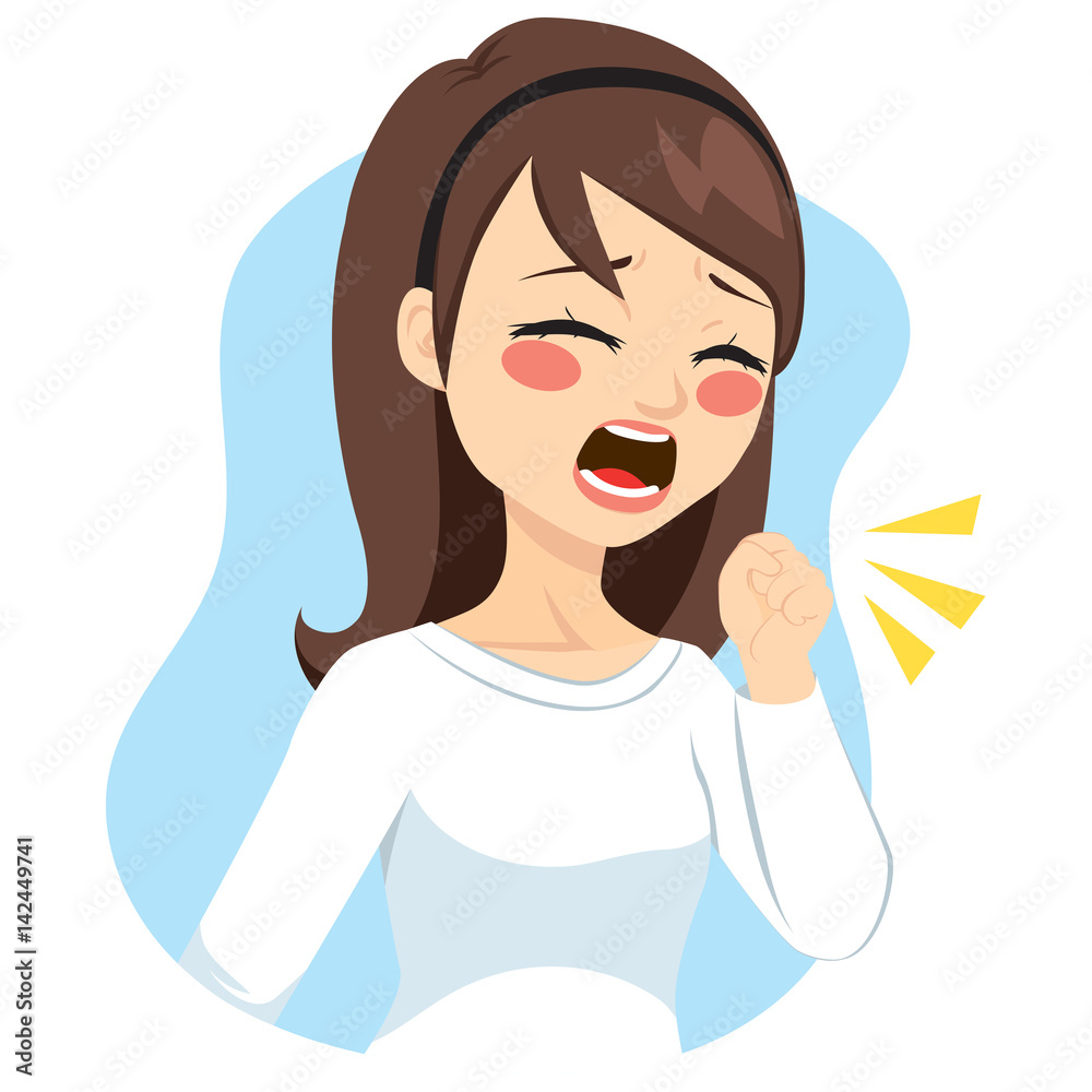 Illustration of young woman coughing with fist in front of mouth Illustration of young woman coughing with fist in front of mouth