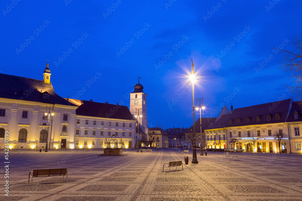 Historical center of Sibiu - Romania, at blue hour