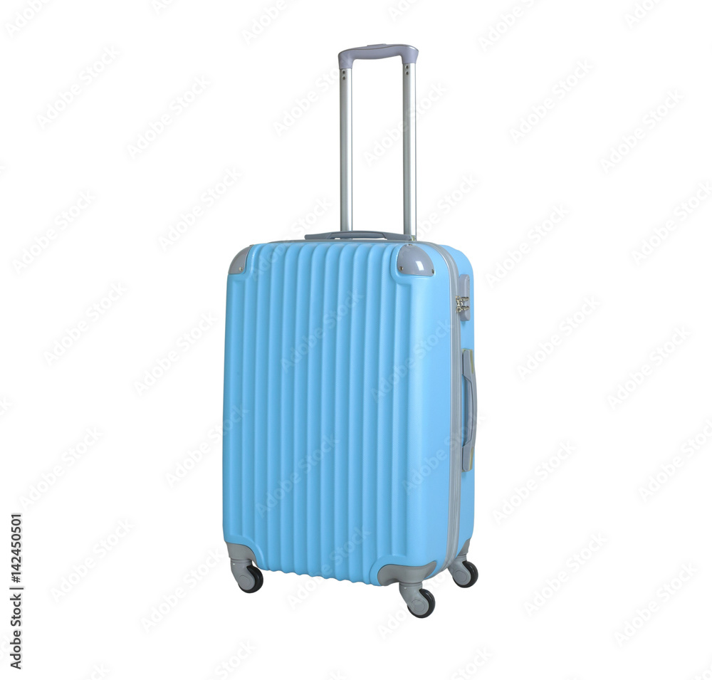 One suitcase isolated on white background. Polycarbonate suitcase isolated on white. Blue suitcase. One suitcase isolated on white background. Polycarbonate suitcase isolated on white. Blue suitcase.