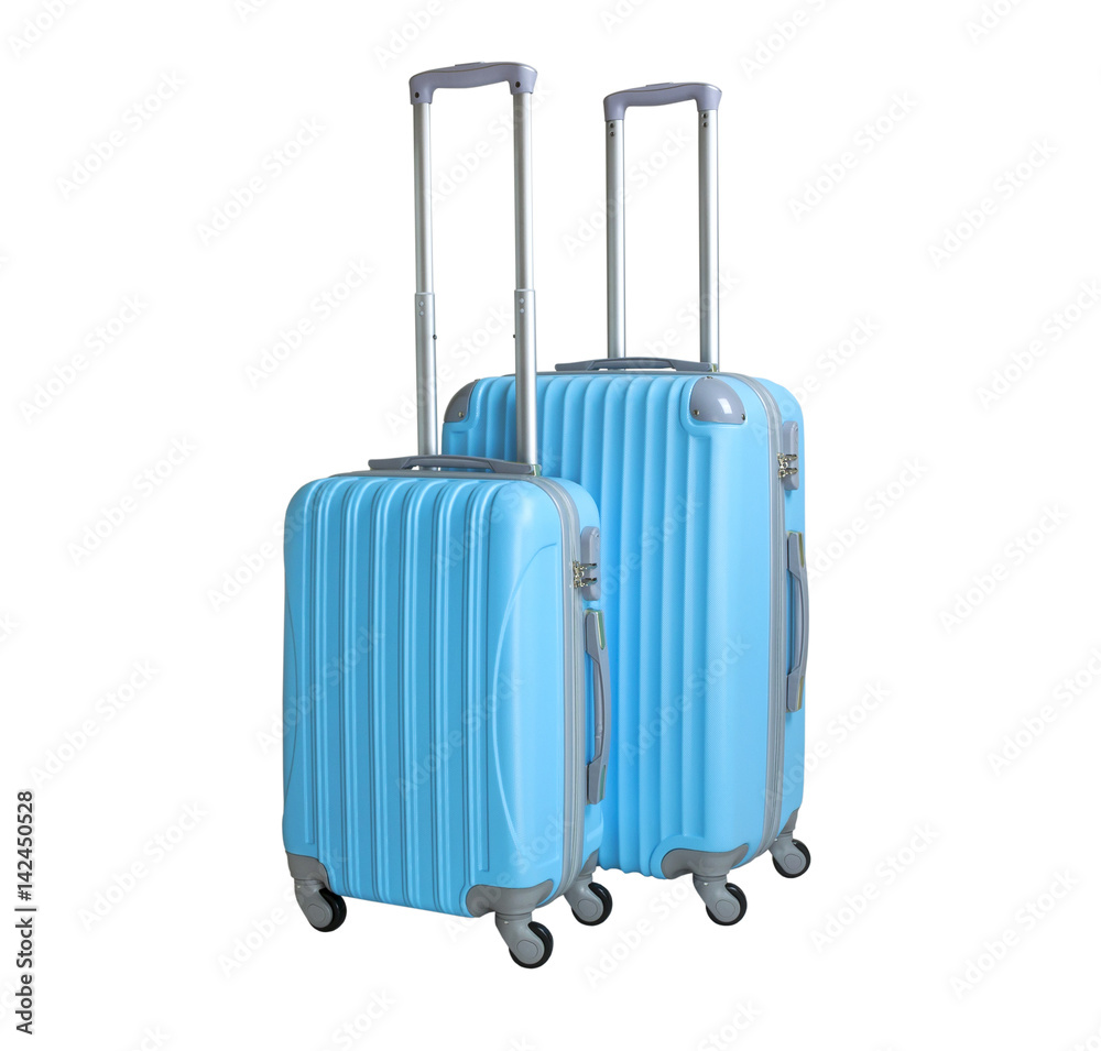 Two suitcases isolated on white background. Polycarbonate suitcases isolated on white. Blue suitcases. Two suitcases isolated on white background. Polycarbonate suitcases isolated on white. Blue suitcases.