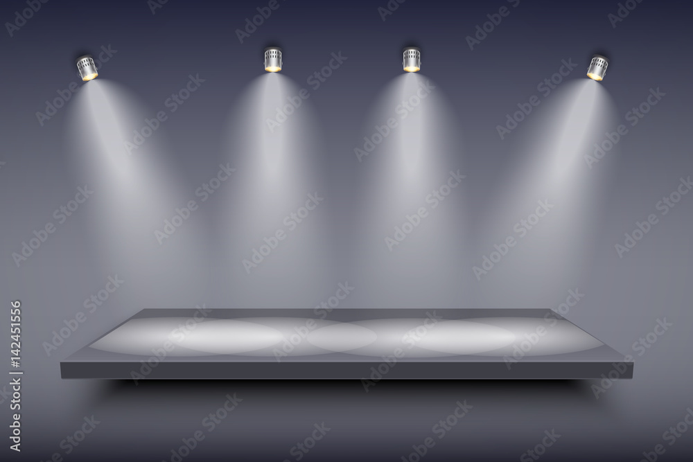 Obraz premium Light box with black presentation platform on dark backdrop with four spotlights. Editable Background Vector illustration.