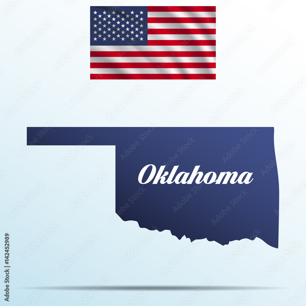 Oklahoma state with shadow with USA waving flag Oklahoma state with shadow with USA waving flag