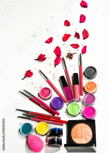 women's makeup accessories on white isolated background