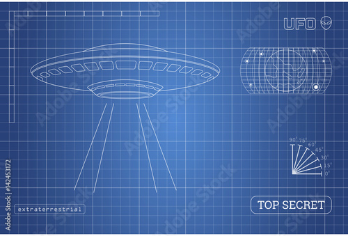 Blueprint of UFO. Technical document with the drawing of alien spaceship