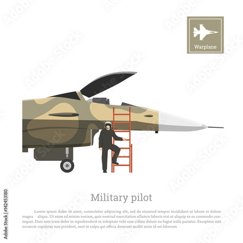Pilot of a military aircraft preparing for the flight. War airplane in camouflage colors