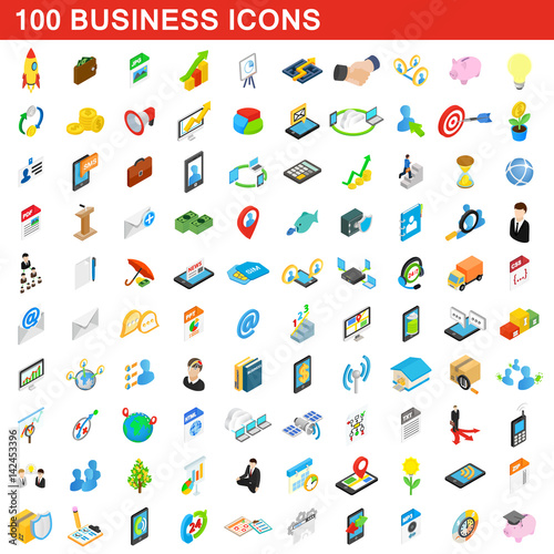 100 business icons set, isometric 3d style