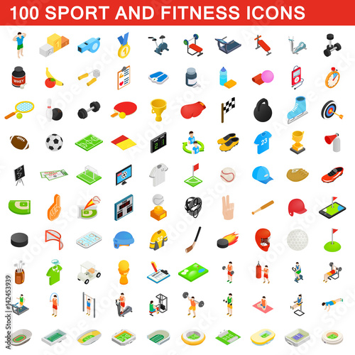 100 sport and fitness icons set, isometric style