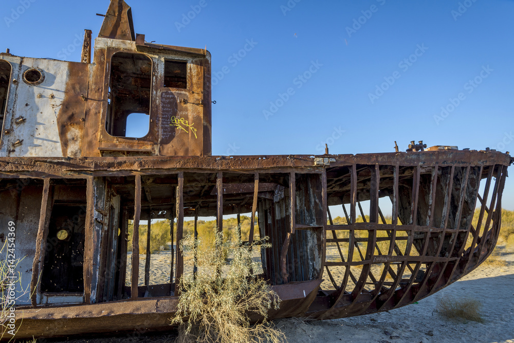 Fototapeta premium Rusted vessel in the ship cemetery, Uzbekistan