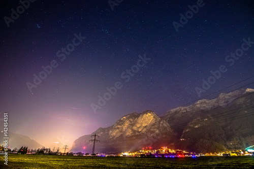 Sunset landscape of the city of Hotting. Landmark of Tirol and Autria.