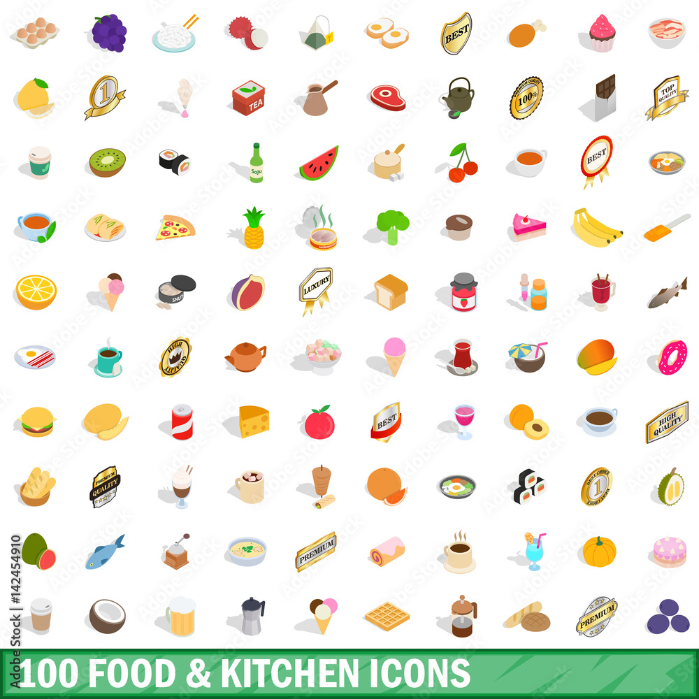 100 food and kitchen icons set, isometric 3d style