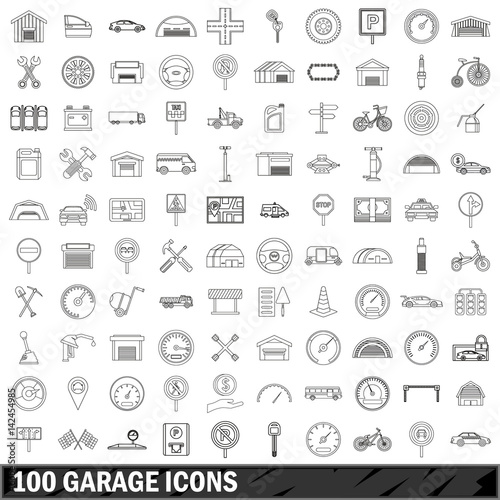 100 garage icons set, outline style