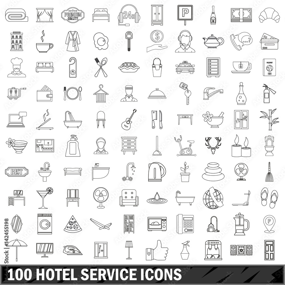 100 hotel service icons set, outline style